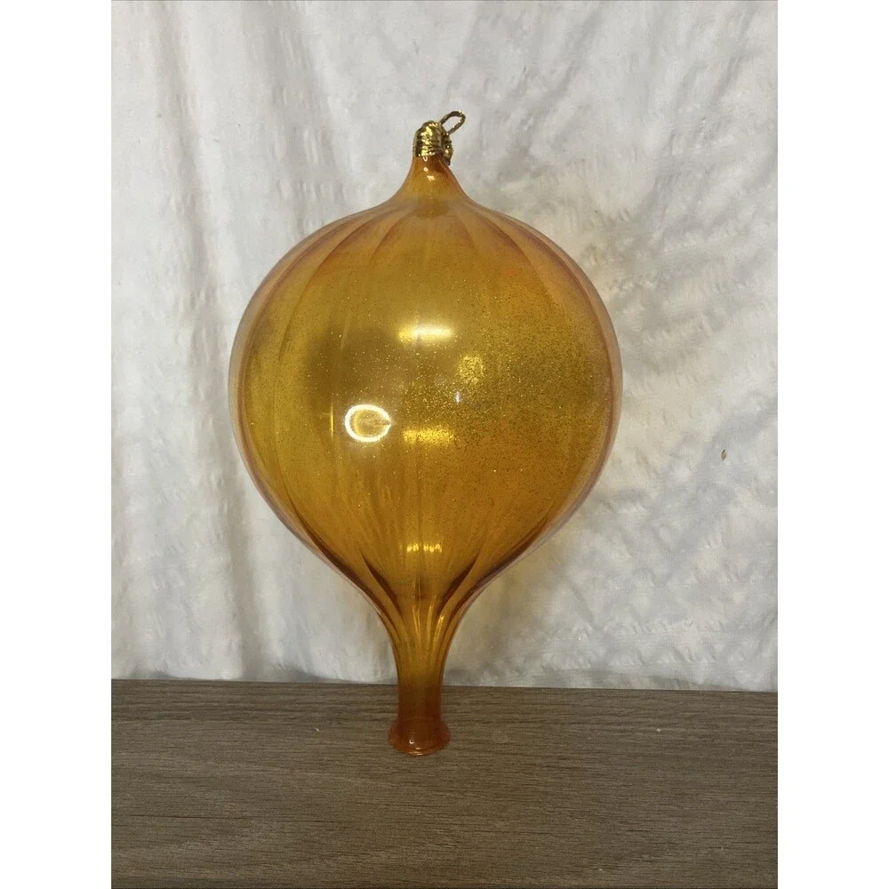 Vintage Amber Hand-Blown Glass Hot Air Balloon Ornament – Glitter Inside – ~10″